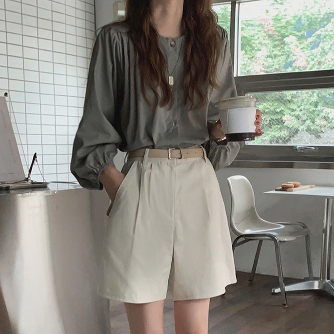 Áo sơ mi Peppermint 36636 tay dài cổ vuông màu trơn đơn giản thời trang cho nữ