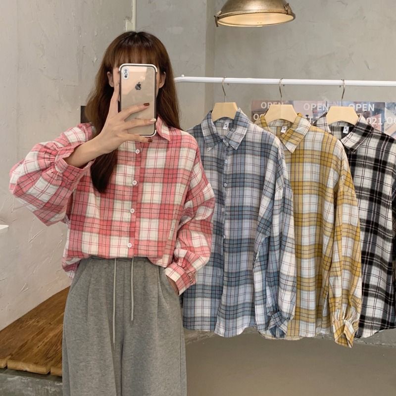 Áo sơ mi nữ form rộng kẻ sọc caro tay dài kiểu đẹp hàng Quảng Châu ANDOSA SM01