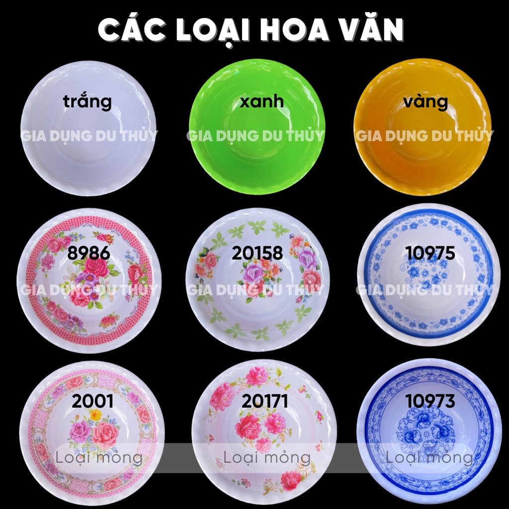 Tô melamine nhựa phíp loại tô sâu xoắn màu trắng, vàng, xanh lá và hoa văn của tổng kho gia dụng Du Thủy