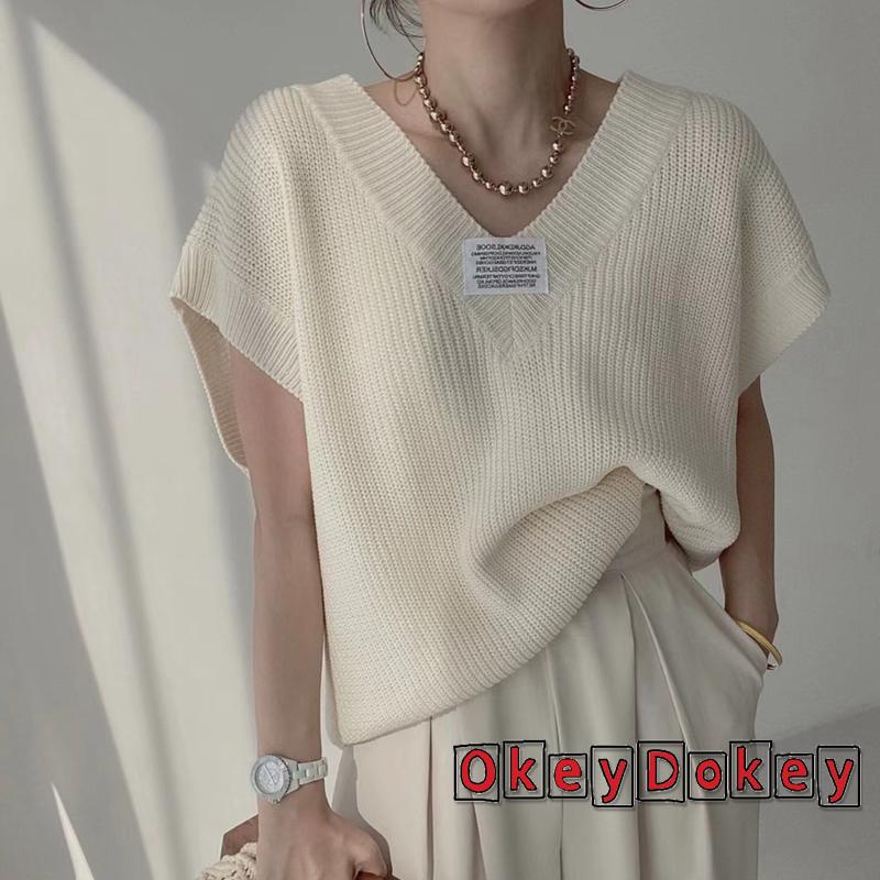 OKDK-Women Knitted Vest Letters Applique Pattern V-neck Cap Sleeve Knitwear