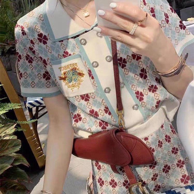Bộ Áo Dệt Kim Ngắn Tay + Chân Váy Lưng Cao Xinh Xắn Dành Cho Nữ