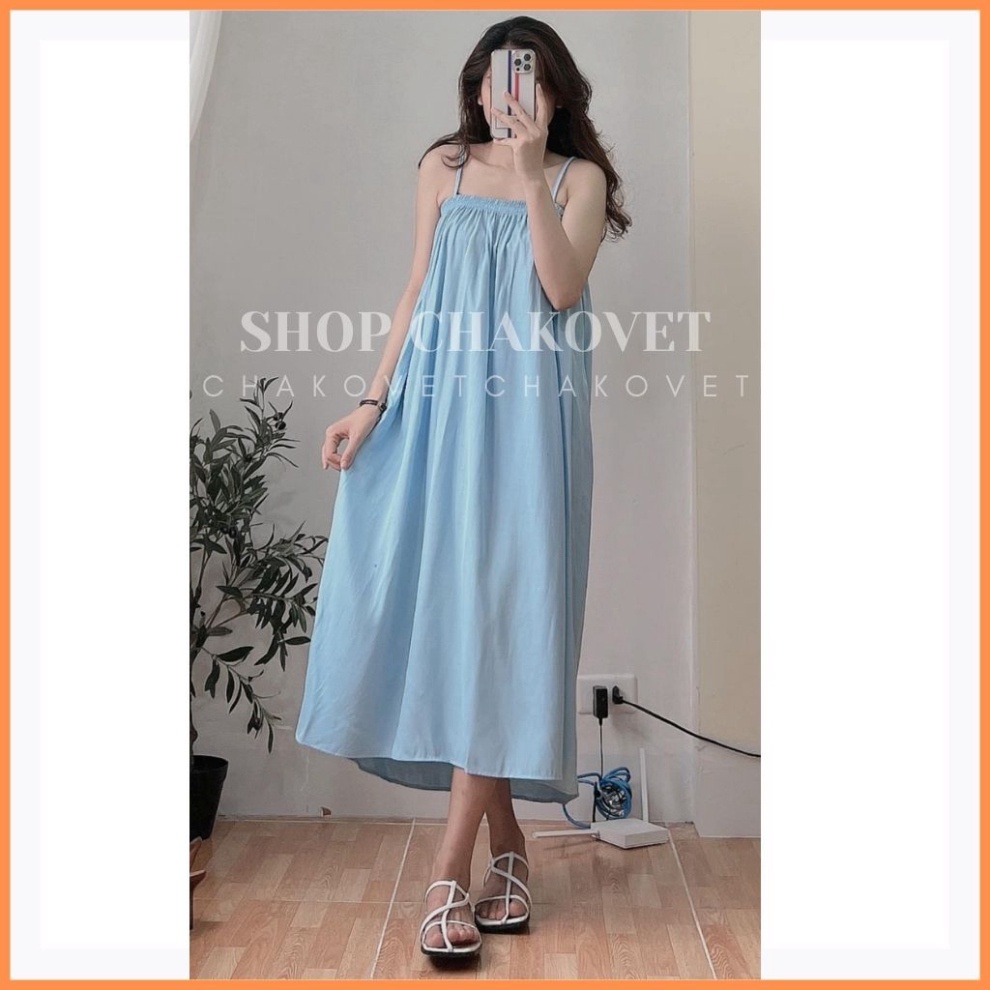 Váy 2 dây nữ đầm maxi đi biển V8228 dáng dài qua gối chun ngực freesize babydoll xanh lá đẹp vintage sang chảnh-CHAKOVET