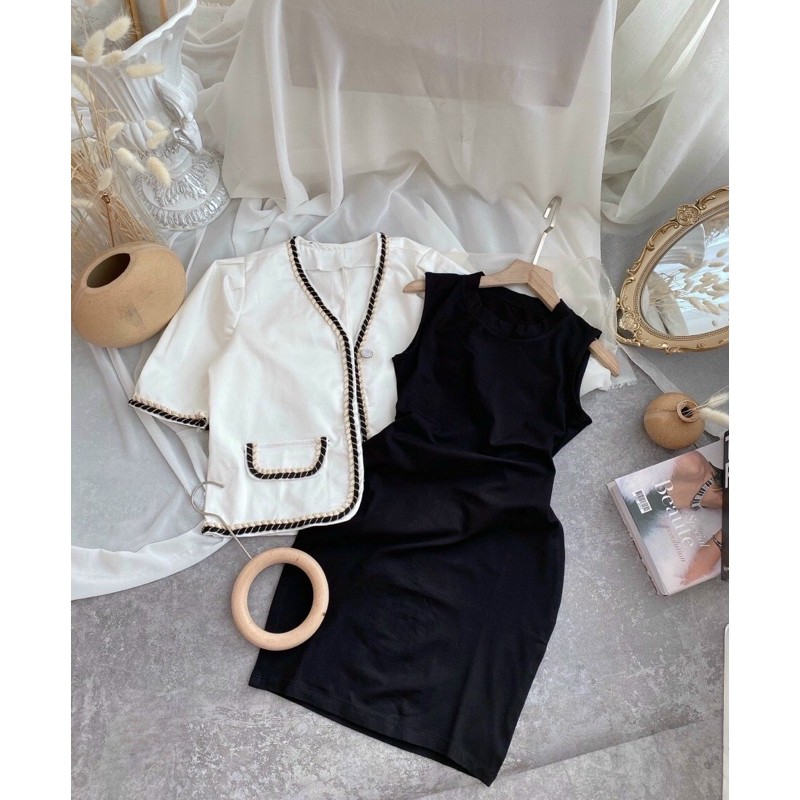 SET KHOÁC DẠ TRẮNG VIỀN ĐEN+ ĐẦM ĐEN (Kèm ảnh thật)