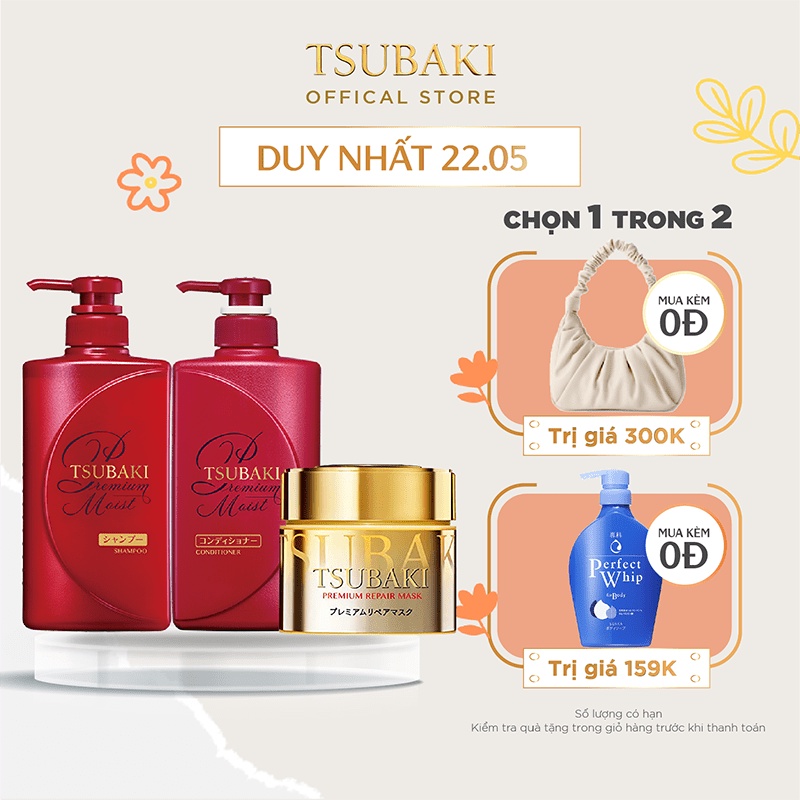 Combo gội xả Dưỡng tóc bóng mượt Premium Moist (490ml/chai) và Mặt nạ tóc phục hồi hư tổn Tsubaki (180g)