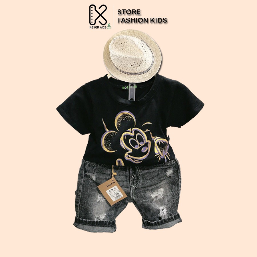 Sét Đồ Bé Trai, Hàng Xuất Khẩu, Quần Short Jean, Áo Thun Cotton Hình Chuột Mickey KEYER VN SZ01 - HÀNG M