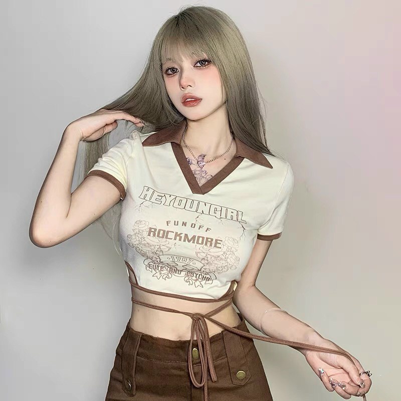 Áo croptop nữ có cổ viền thêu chữ hoa cột dây eo cực đẹp cho cô nàng năng động na