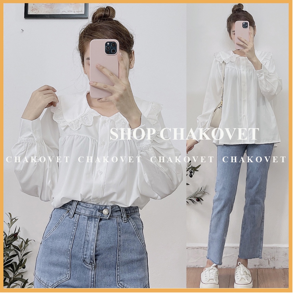 Áo sơ mi nữ tay dài form rộng CKA885, kiểu áo babydoll trắng tiểu thư thiết kế cổ bèo viền ren đẹp phong cách hàn quốc