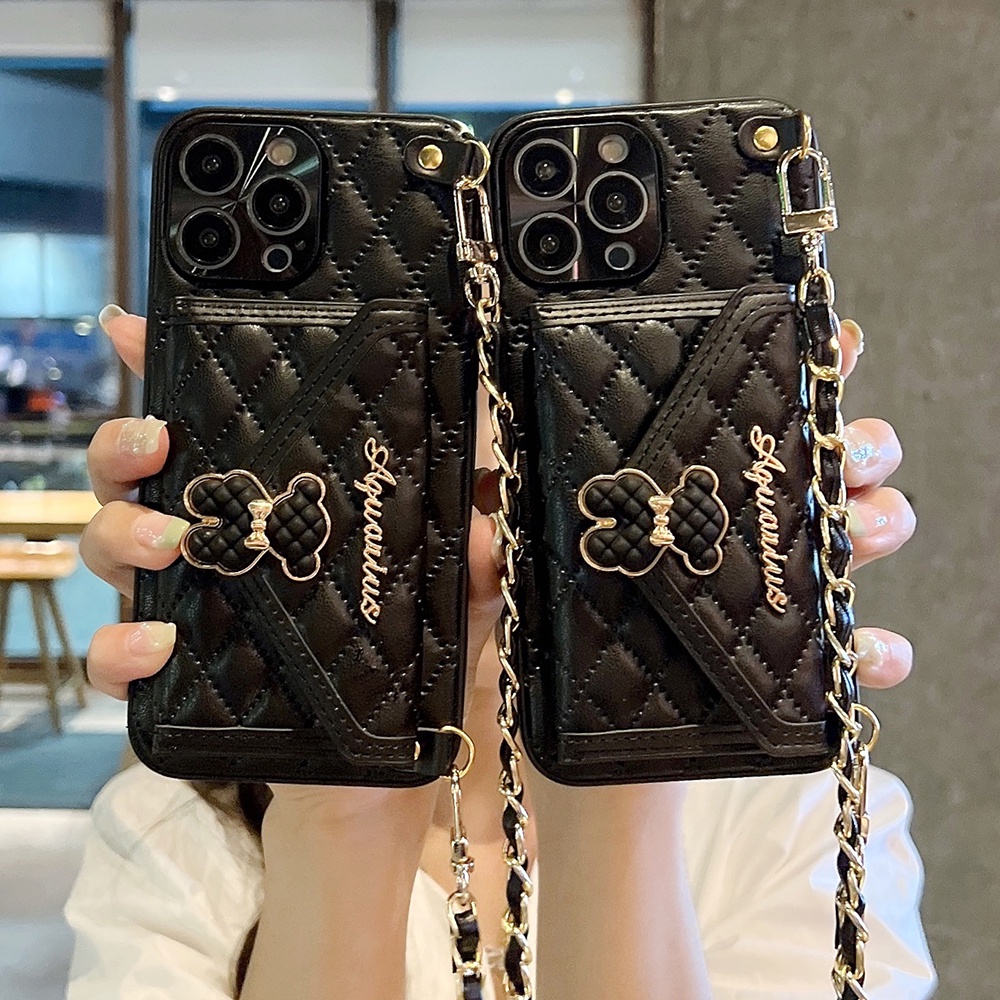 Ốp Điện Thoại Da Kèm Ví Đính Kim Cương Sang Trọng Chống Sốc Cho IPhone 14 13 12 11 Pro Max 14 Plus XR X XS Max 14Plus