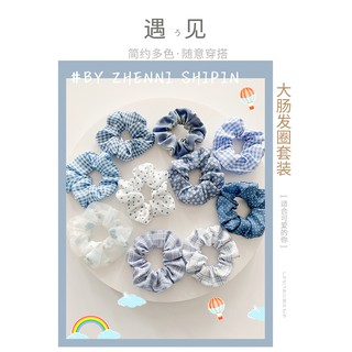 Dây buộc tóc, cột tóc vải scrunchies phong cách vintage hoạ tiết xanh dương