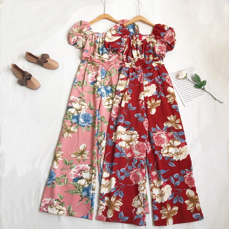 Bộ Áo Liền Quần Tay Ngắn Phồng In Hoa Kiểu Boho Cổ Điển Dễ Thương Cho Nữ