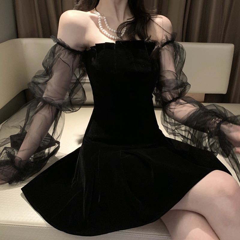 Beryl🌻Đầm🍄Váy tay phồng nữ mới Váy lưới trễ vai gợi cảm màu đen
