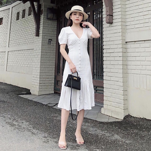 Đầm đuôi cá nút bọc 2 màu (kèm hình thật) | BigBuy360 - bigbuy360.vn