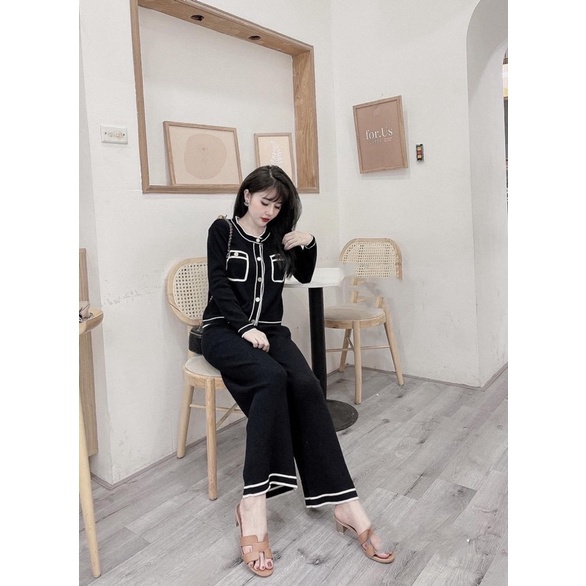 Set len cổ viền quần ống suông