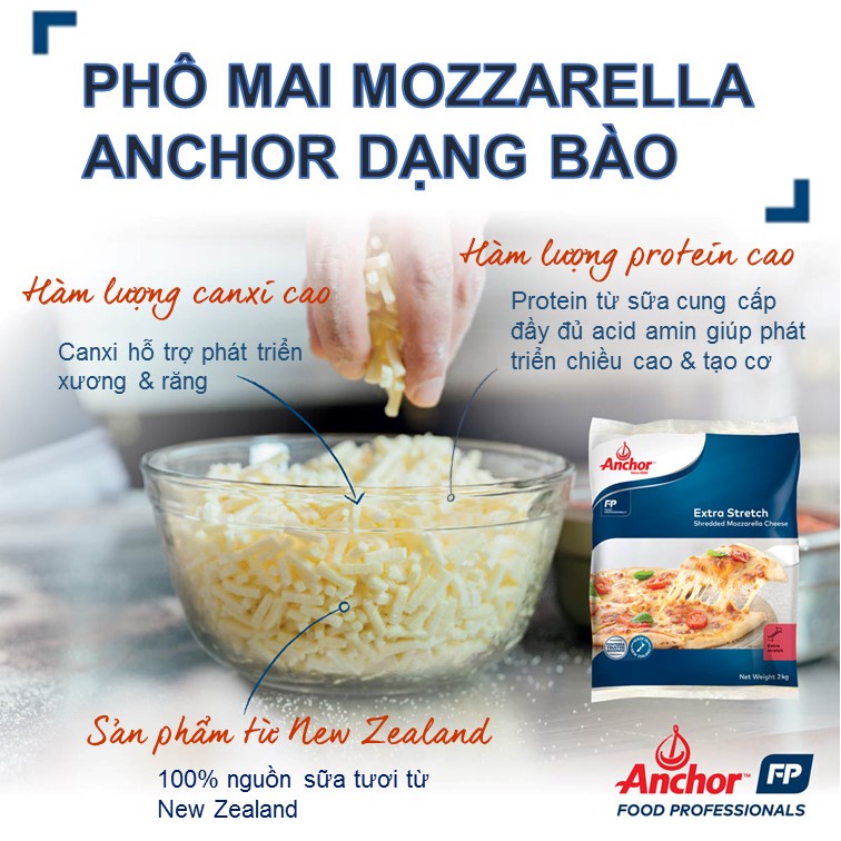 Phô Mai Bào Mozzarella Anchor New Zealand Gói Nguyên Kiện 2kg