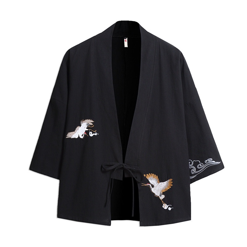 Áo Khoác Kimono Vải Lanh Mỏng In Hình Chim Hạc Phong Cách Nhật Bản Cổ Điển Cho Nam