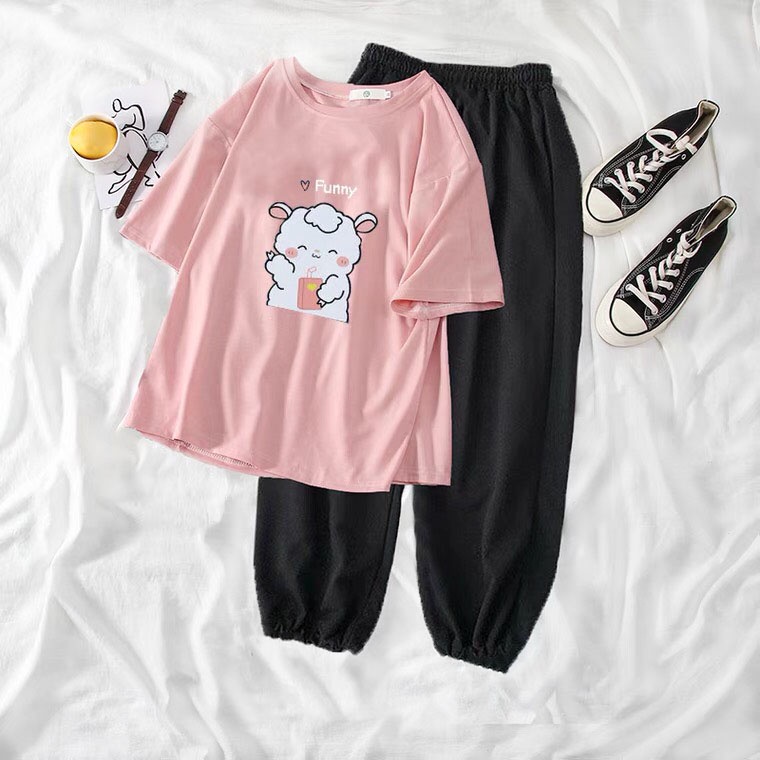 Sét áo Cừu Funny+ quần bom đen, , Áo thun from rộng, mặc cho Nam và nữ chất đẹp, Sét bộ mặc ở nhà - AD