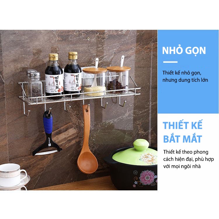 Kệ Treo Tường Nhà Tắm  Dùng Để Đựng Đồ, Đựng Gia Vị Đa Năng Nhà Bếp Có 6 Móc Treo Đồ