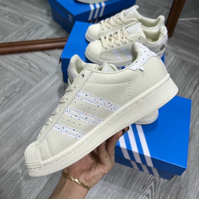 Giày thể thao nam nữ CT adidas Superstar kem mũi sò candy, giày das 3 sọc trắng kem S cấp full hộp