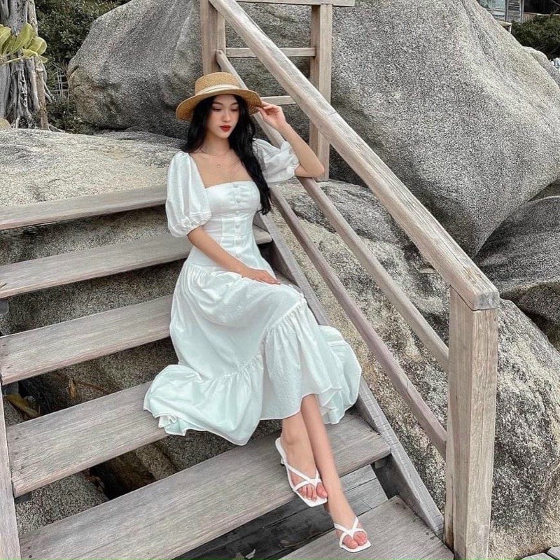 Đầm váy midi trắng tầng cổ vuông nút bọc 💕 đi tiệc-đi biển-đi dạo phố cực xinh 💕