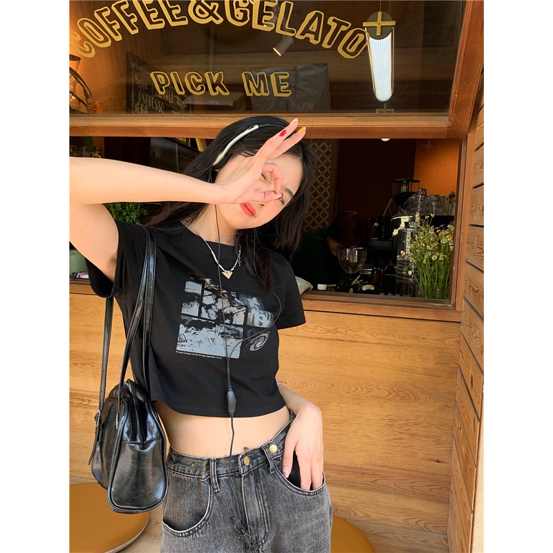 Áo thun XIAOZHAINV tay ngắn dáng ôm phong cách retro Hàn Quốc cho nữ