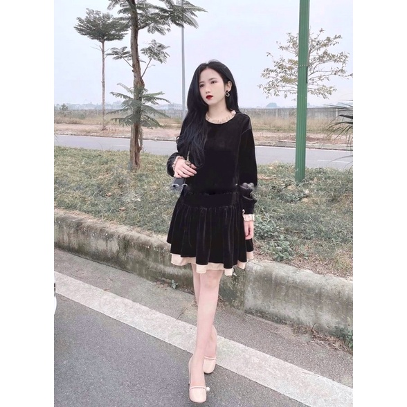 VÁY NHUNG PHỐI BÈO DÁNG SUÔNG