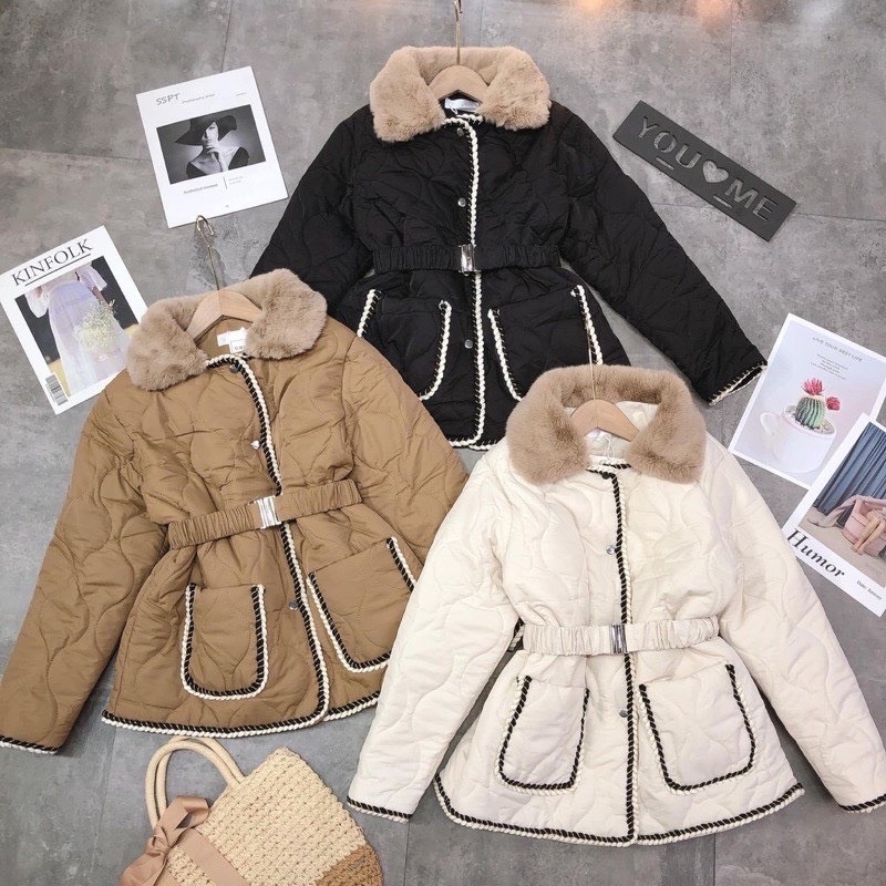 Áo Phao Quảng Châu Cổ Lông Kèm Đai Dáng Dài 3 Màu Siêu Ấm Có Ảnh Thật Kem Video