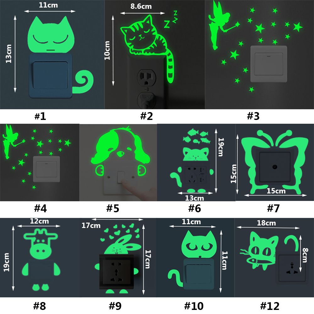 Miếng dán dạ quang họa tiết mèo hoạt hình trang trí công tắc điện