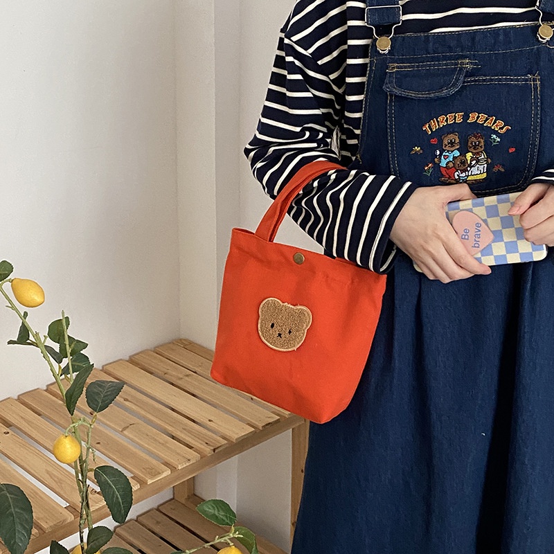 Túi Vải Canvas Nhỏ Gọn In Hình Gấu Màu Kẹo Xinh Xắn Phong Cách Mới