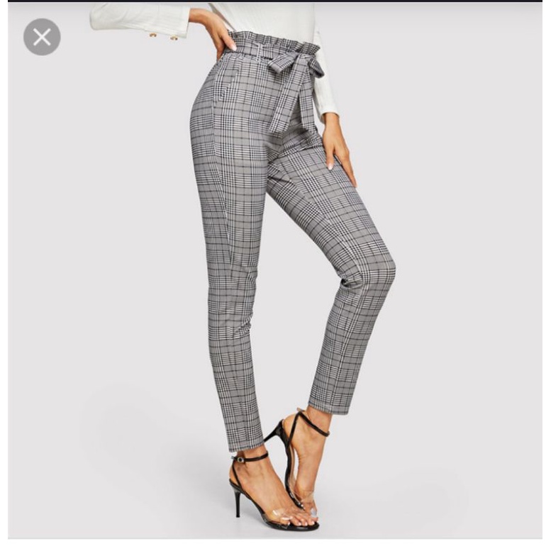 Quần trouser công sở kẻ caro VNXK quần tây dáng dài eo cao phối dây cột nơ paperbag Asos xuất khẩu dư xịn