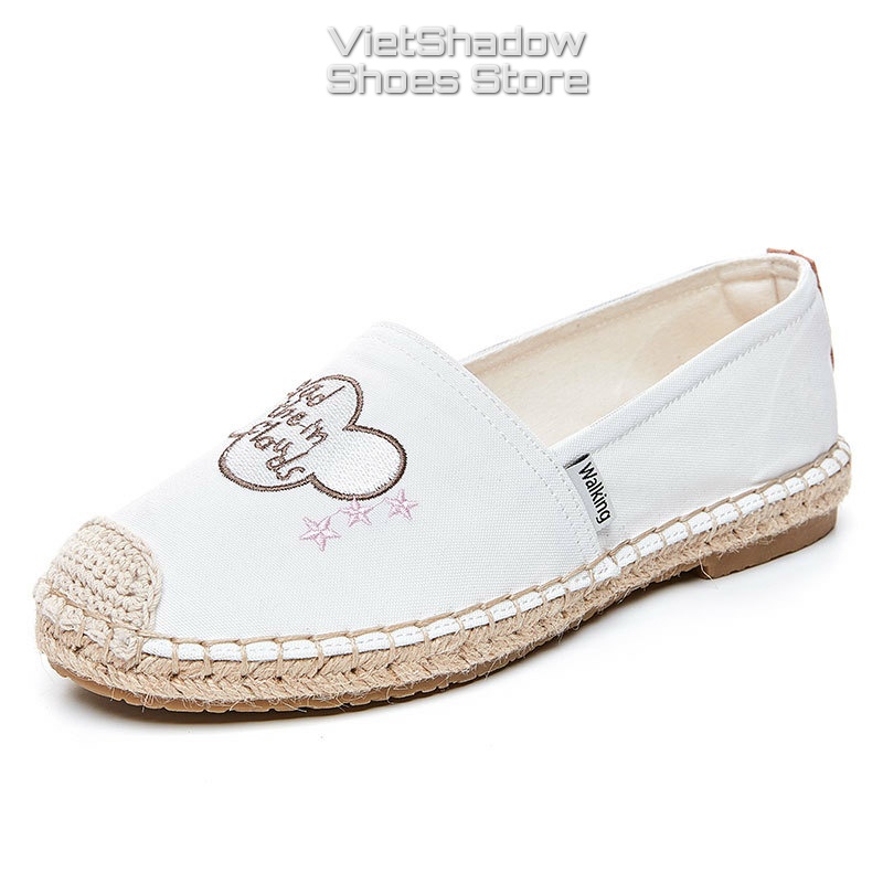 Slip on nữ - Giày lười vải nữ thêu họa tiết hoạt hình - Chất liệu đế gai bện, vải bố 2 màu đen và trắng - Mã A51