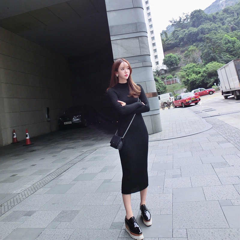 Váy len body, váy len tăm cổ 3 phân, dáng ôm qua gối, chất len dày dặn | BigBuy360 - bigbuy360.vn