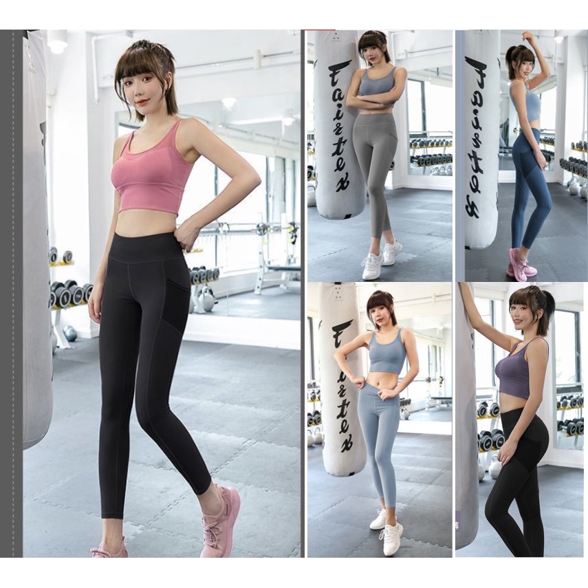 Bộ đồ tập gym, yoga, aerobic nữ áo bra có mút đệm và quần dài cạp cao có túi đùi