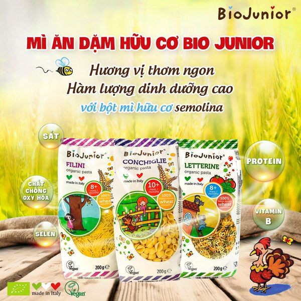 Mì ăn dặm cho bé chính hãng, nui mỳ ăn dặm hữu cơ cho bé Bio Junior 8 tháng 80056