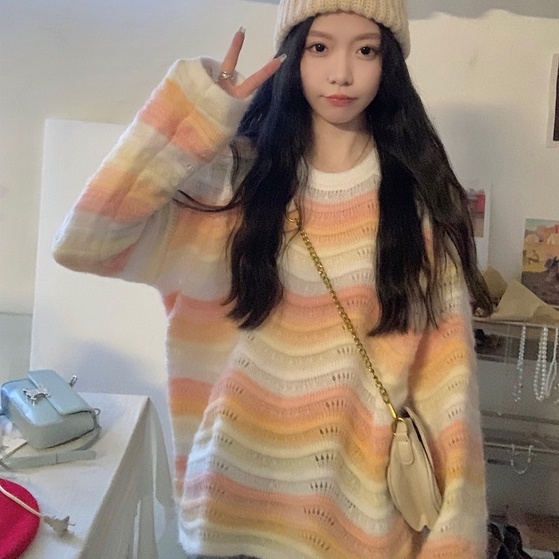 Áo len ZHELIHANGFEI tay dài dáng rộng họa tiết kẻ sọc màu cầu vồng dễ phối đồ