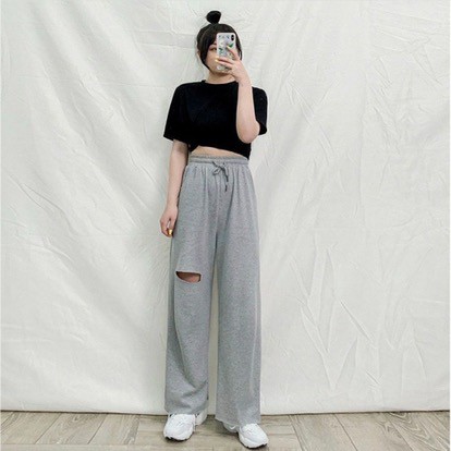 [ rẻ vô địch + ảnh thật cuối ] Quần Nỉ Ống Rộng Rách Gối IRU Unisex (Đen/Xám)