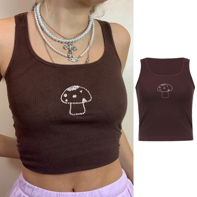 Mary Áo Croptop Dệt Kim Không Tay Cổ Chữ U Đính Đá Hình Nấm Gợi Cảm Cho Nữ