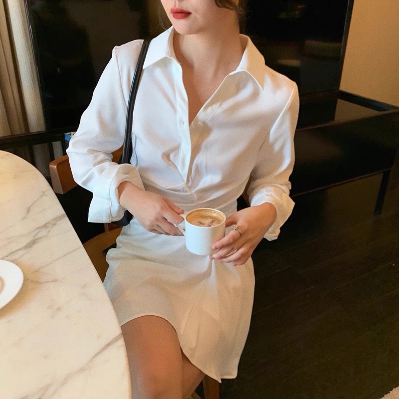 Đầm Váy Sơ Mi Trắng Xếp Li Eo Thanh Lịch Mặc Đi Chơi Đi Làm