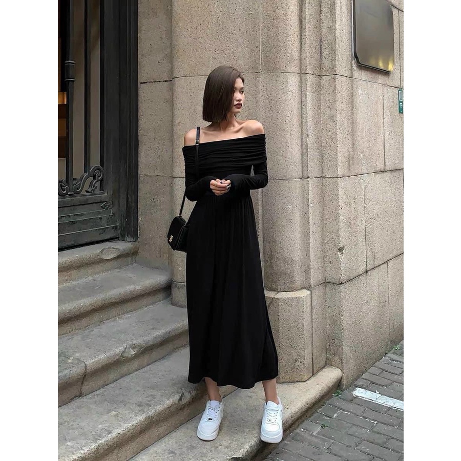 Đầm Váy Maxi Thun Trễ Vai Tay Dài Dáng Xòe