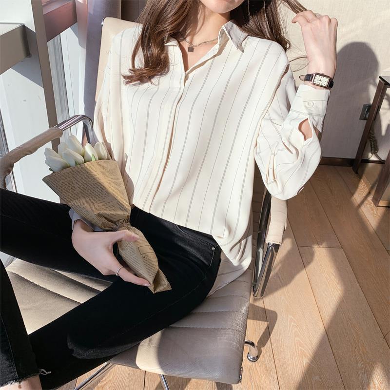 Áo Sơ Mi Chiffon Tay Dài Dáng Rộng Hoạ Tiết Kẻ Sọc Thời Trang Xuân Thu Dành Cho Nữ