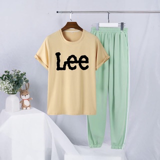 Sét bộ thời trang quần áo nữ mùa hè mặc đi chơi, áo cotton in chữ lee kèm quần bo gấu hai sọc