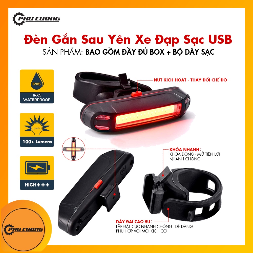 Đèn Gắn Sau Yên Xe Đạp Sạc Qua USB 100+ Lumens - 4 Chế Độ Siêu Sáng - Chống Nước IPX5