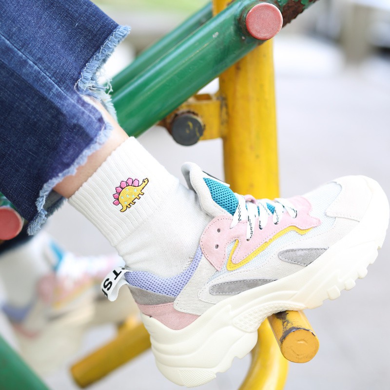 Vớ Cotton Cổ Ngắn Thêu Họa Tiết Khủng Long Dễ Thương Vui Nhộn Cho Nữ