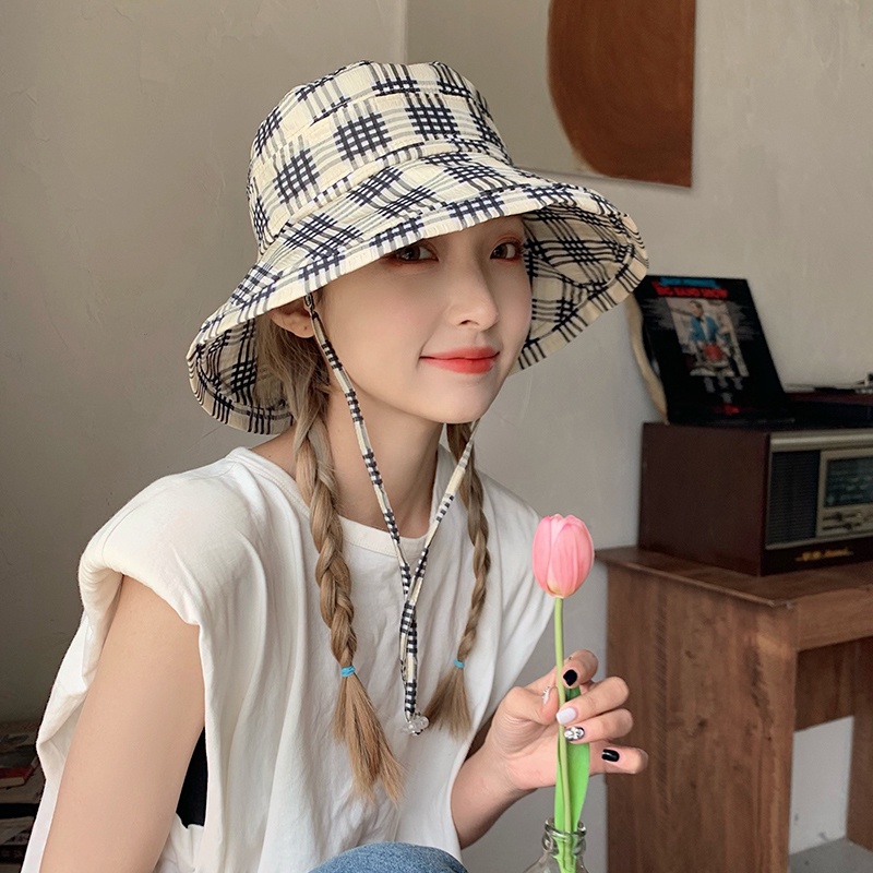 Nón Bucket Rộng Vành Họa Tiết Sọc Caro Phong Cách Nhật Bản Thời Trang Mùa Hè Cho Nữ