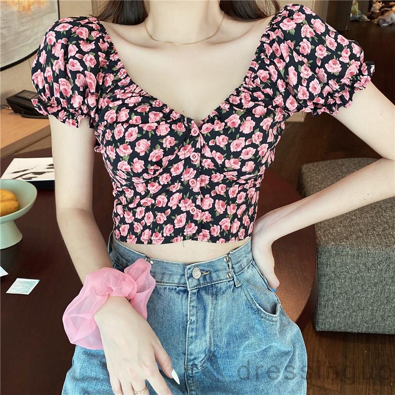 Áo kiểu crop top tay ngắn cổ chữ V phối nút cài họa tiết hoa thiết kế thanh lịch thời trang cho nữ