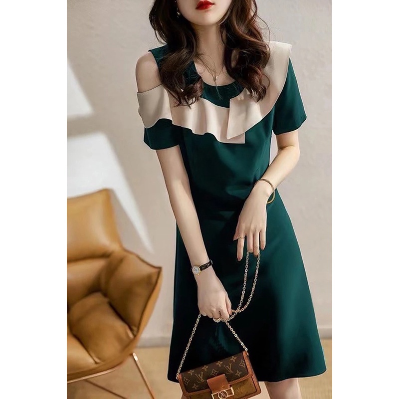 Đầm Tay Ngắn Hở Vai Phối Bèo Màu Sắc Hợp Thời Trang Dành Cho Nữ