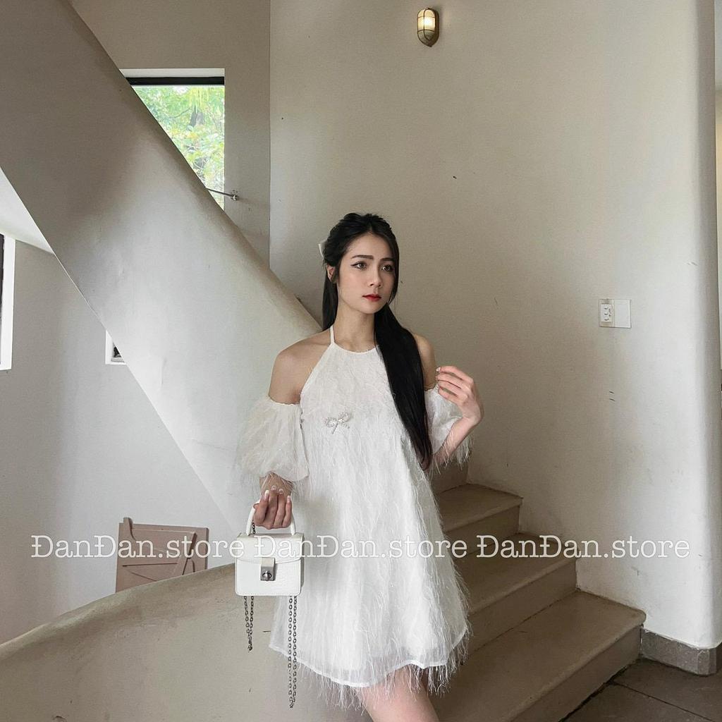Đầm váy nữ babydoll lông vũ đính kèm phụ kiện siêu xinh dành cho các nàng
