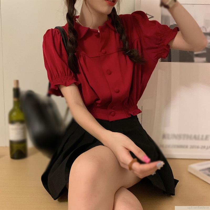 Áo croptop tay phồng ngắn màu trơn phối nút thời trang cho nữ