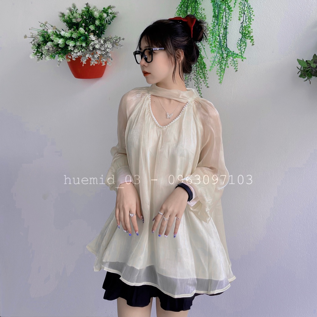 áo cổ ngọc, cổ V đính ngọc sang chảnh tiểu thư, tay áo bồng bềnh đính khuy | BigBuy360 - bigbuy360.vn
