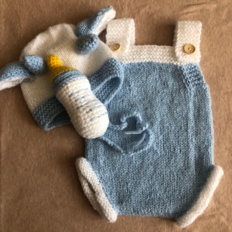 Bộ 3 Món Áo Liền Quần Dệt Kim Không Tay Cài Nút + Mũ Ox Màu Xanh Dương / Trắng Thời Trang Chụp Ảnh Cho Bé Sơ