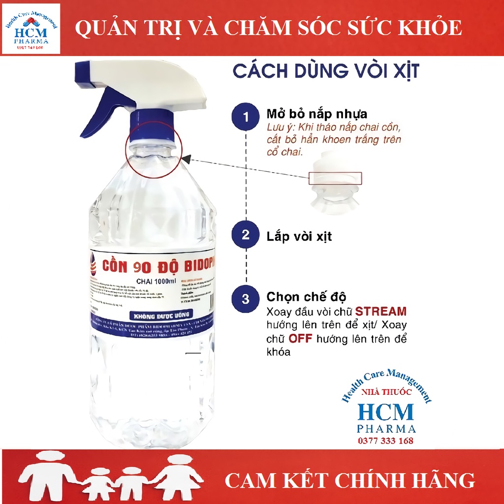 Cồn 90 độ rửa tay sát khuẩn xịt BIDOPHA có vòi 500ml 1000ml HCM02